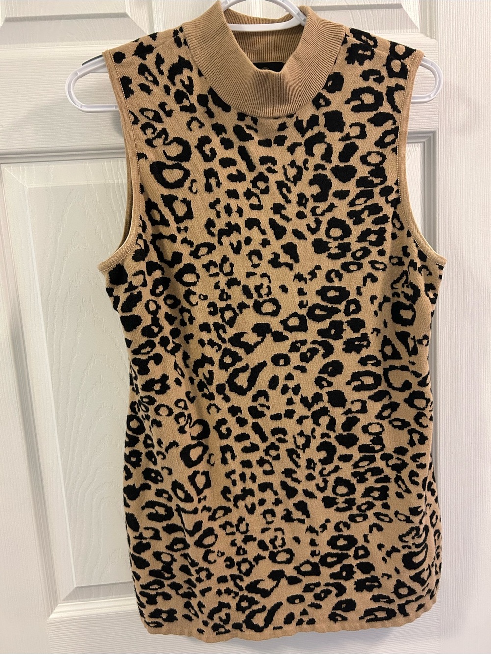 JM Collection Tan and Black Leopard Mock Neck Sleeveless Top